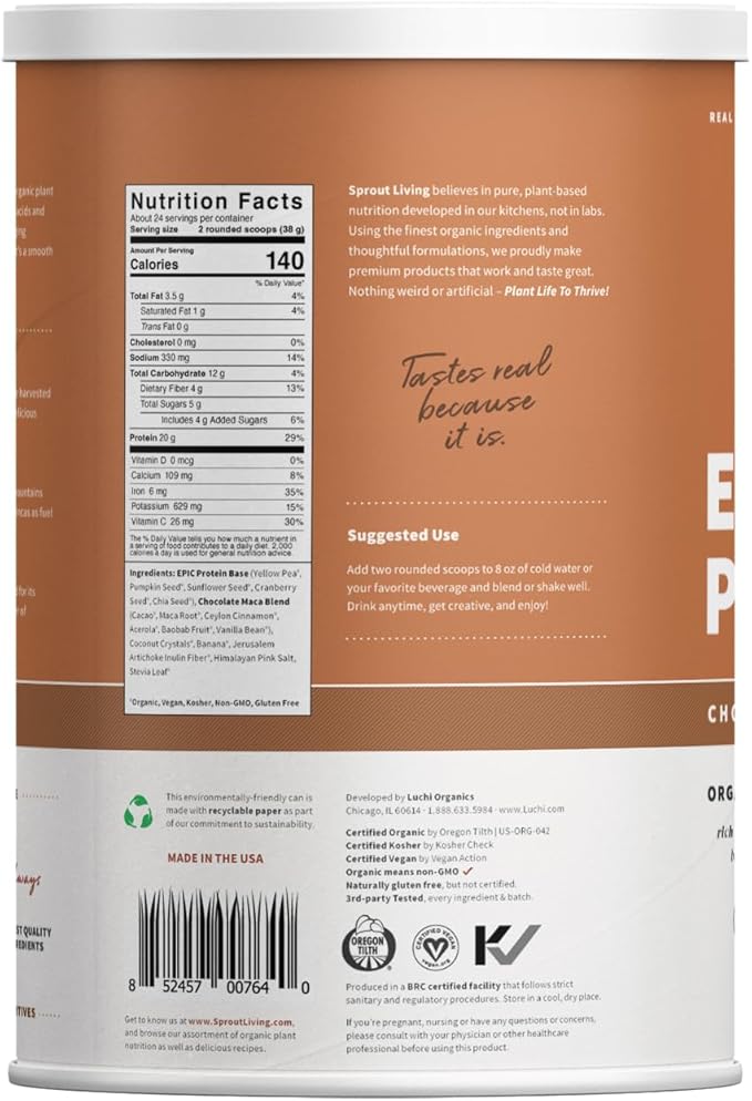 Sprout Living Epic Protein, Plant Based Protein & Superfoods Powder, Chocolate Maca Powder | 20 Grams Organic Protein Powder, Vegan, Non Dairy, Non-GMO, Gluten Free, Low Sugar (2 Pound, 24 Servings)