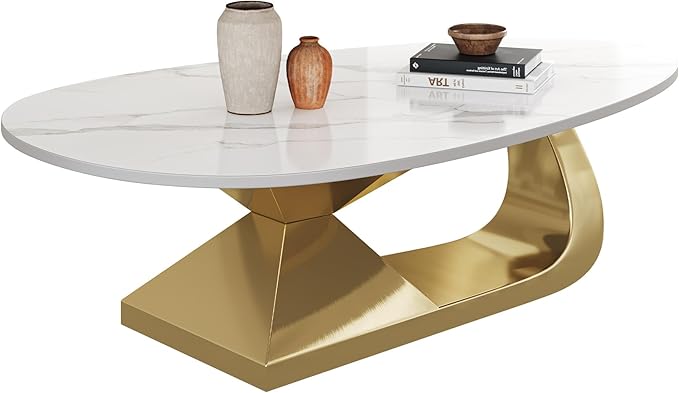 Marble Grain Coffee Table with Gold Stainless Steel Pedestal,Modern Coffee Tables,Oval Living Room Table with Faux Marble Top & Luxury Legs,Sintered Stone Cocktail Center Table,51.20inch