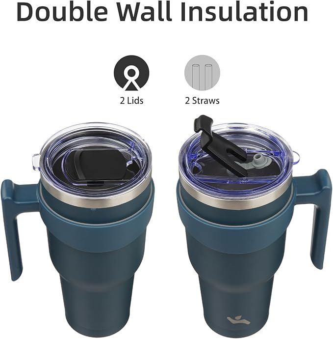40 oz Tumbler with Handle and 2 Straw 2 Lid, Insulated Water Bottle Stainless Steel Vacuum Cup Reusable Travel Mug, Navy Blue