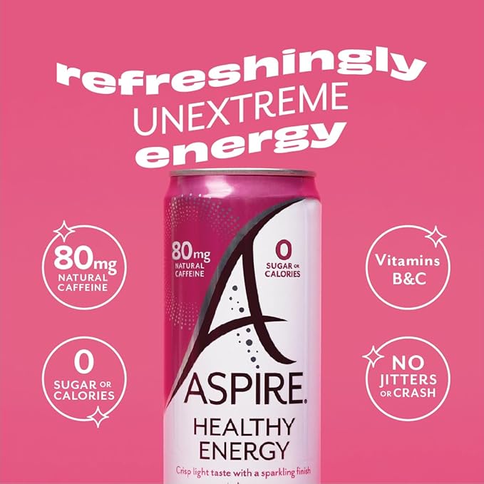 ASPIRE® Raspberry Acai, Healthy Energy Drink 80mg Natural Caffeine, Zero Sugar No Carbs Keto Friendly, 24 Pack Green Tea Sugar Free Drink Low Caffeine Zero Calorie