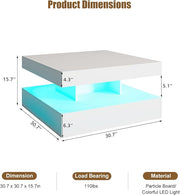 White LED Coffee Table for Living Room, Living Room Table 2-Tier Square Middle Center Table, Modern Coffee Tables with Storage, Wood Tea Tables for Dining Reception, Skin Feeling