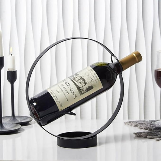 Metal Single Tabletop Wine Rack – Freestanding Countertop Decorative Wine Bottle Holder, Unique Wine Gifts and Accessories for Wine Lovers (Black)