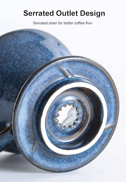 Ceramic Coffee Dripper Filter 60 Angle Tapered 02-4Cup Pour Over Coffee Ceramic Hand Brew Outdoor Cup Retro Filter Set Reusable Portable Coffee Maker (2/4 People Large - Sky Blue)