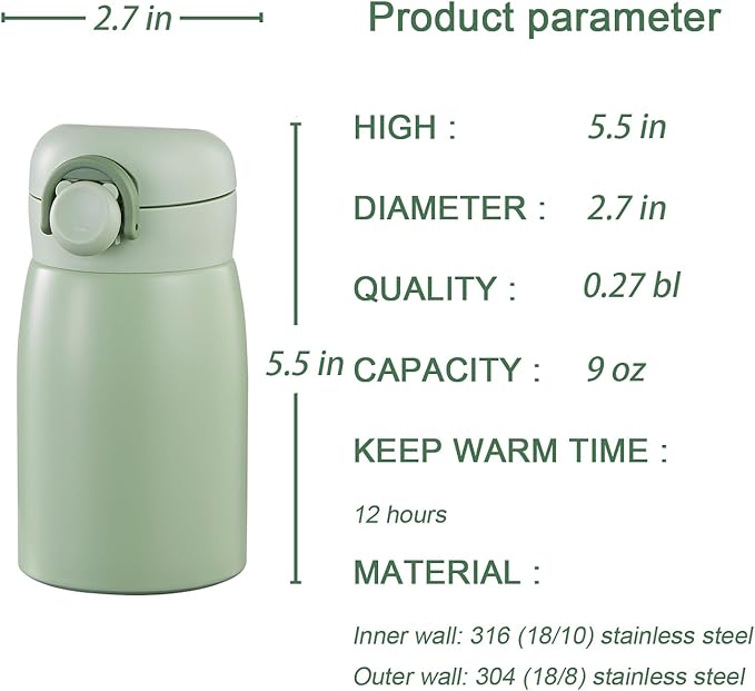 9 oz Mini Water Bottle Small Stainless Steel Thermoses - Insulated Vacuum, Leak Proof, Keeps Drinks Hot/Cold - Ideal for Coffee, beverage, Water - Green