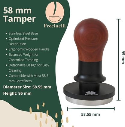 58mm Coffee Tamper, Stainless Steel Base, Wooden Handle – Professional Espresso Tool for Uniform Compression & Better Espresso Quality