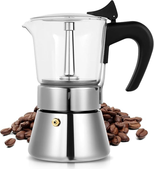 Induction Moka Pot, 6 Cups (10.6 oz) Crystal Glass-Top & Stainless Steel Moka Pot, Classic Stovetop Espresso Maker, Silver