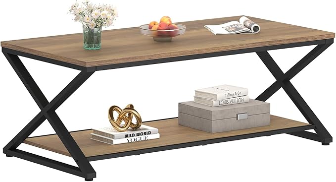 HSH Rustic Wood Coffee Table, Modern Farmhouse Living Room Table, Minimalist Center Table with Storage & Display Shelf, 2 Tier Simple Rectangle Cocktail Tea Table for Home Office Bedroom, 47 Inch