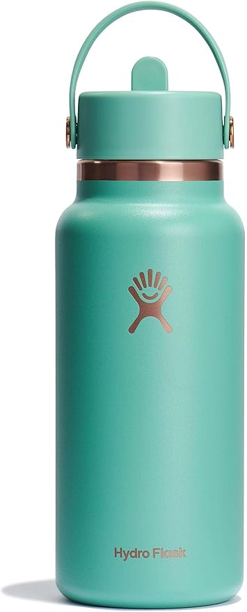Hydro Flask Water Bottle - Insulated Stainless Steel - Wide Mouth Flex Straw Lid, Non Spill, Leakproof and Refillable in 32 Oz Thyme Rose Gold