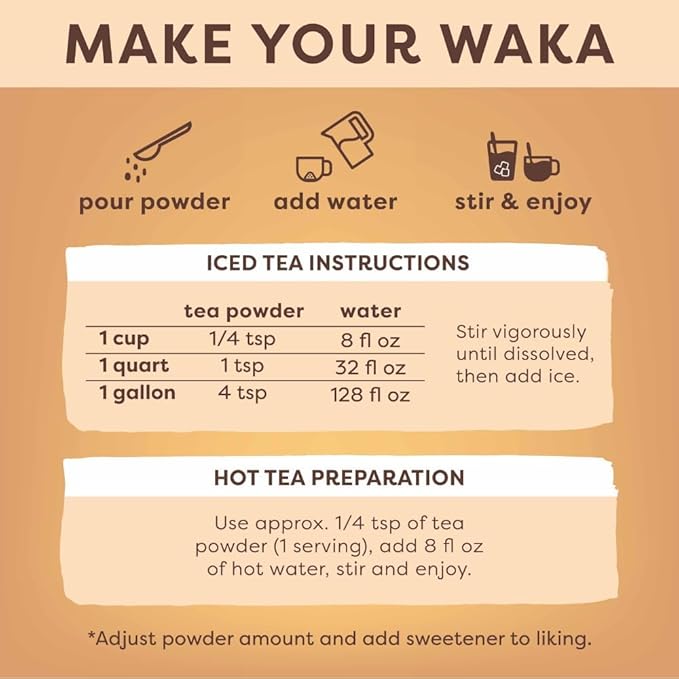 Waka Instant Black Tea Mix Pouch, Decaffeinated - 100% Tea Leaves, No Additives, Unsweetened Tea Powder for 50 Quarts or 200 Cups – Easy Quick Hot and Iced Teas (4.5oz)