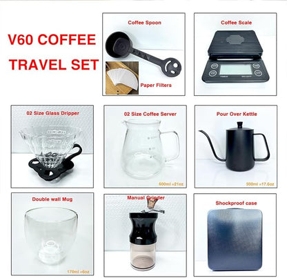 DS&DV Coffee Set Incl. Coffee Scale Glass Driper,Manual Grinter,Pour Over Kettle,Paper Filters,Double Wall Mug for Camping and Travelling (8 in 1 Coffee Makers)