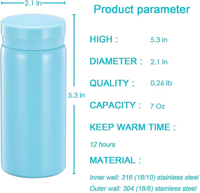 Mini Thermos Cute Water Bottle - 7 oz Tiny Insulated Vacuum 18/10 Stainless Steel Small Flask - Leak Proof & Spill Proof & Keeps Cold and Hot for Drink, Coffee, Tea - Light Blue