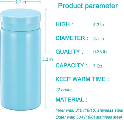 Mini Thermos Cute Water Bottle - 7 oz Tiny Insulated Vacuum 18/10 Stainless Steel Small Flask - Leak Proof & Spill Proof & Keeps Cold and Hot for Drink, Coffee, Tea - Light Blue