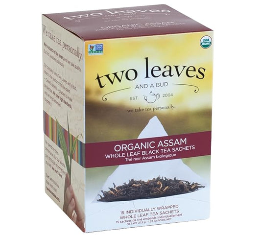 Two Leaves and a Bud Organic Assam Black Tea Bags, Whole Leaf Caffeinated Black Tea in Compostable Sachets, Delicious Plain or with Milk, 15 Count (Pack of 1)