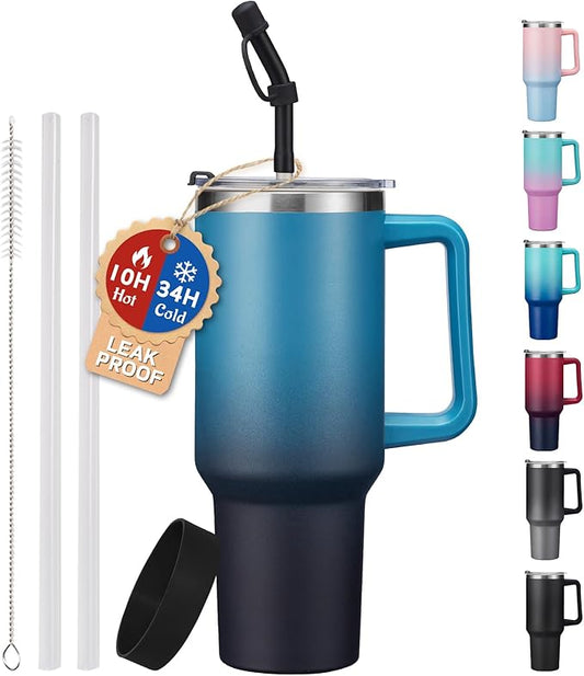 Insulated Tumbler with Straw and Spout Lid - 40 oz Water Bottle w/Handle, Dustproof Cover, Protective Boot, Spill-proof Stainless Steel Hydro Travel Cup Fit Car Cupholder, Coffee Mug