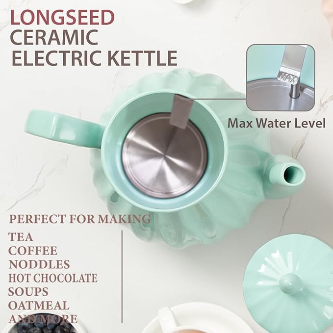 Ceramic Electric Kettle, 1.5L/1200W Boil Water Quickly and Easily with Boil-Dry Protection Auto Shut Off, Detachable Swivel Base, Diamond Cut Glazed