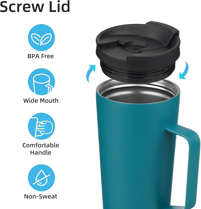 Insulated Tumbler with Handle and Straw, 26 OZ Travel Coffee Mug Stainless Steel Cup Metal Water Bottle,Blue