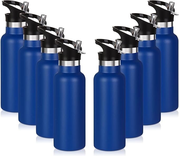 Volhoply 17oz Insulated Water Bottle Bulk 8 Pack,Stainless Steel Kids Water Bottles with Straw Lid,Double Wall Vacuum Metal Water Bottle,Reusable Sports School Flask Keep Cold (Navy,8 Set)