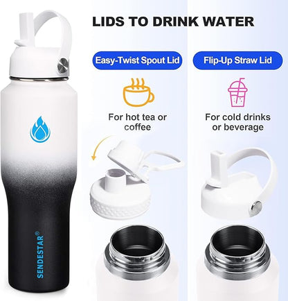 SENDESTAR 32oz Water Bottle Wide Mouth Stainless Steel Vacuum Insulated Double Wall with 2 Straw Lids Fit in Any Car Cup Holder TXIN-32-DN-1