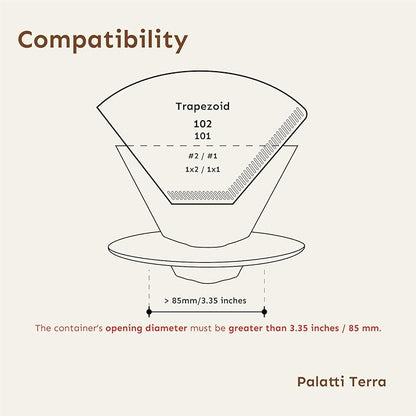 palatti Terra Porcelain Pour Over Coffee Dripper, Ceramic Pour Over Coffee Maker, Adapt to 102 or #2 Trapezoid Cone Filters, Slower Flow Rate, Interchangeable Wall and Base, 1-4 cups
