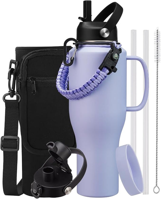 40oz Water Bottle Stainless Steel Keep Cold-48H Hot-24H, Leak Proof Insulated Water Bottle with Straw, Spout Lid, Paracord Handle, Carrier Bag, Travel Mug Tumbler that Fit in any Car Cup Holder