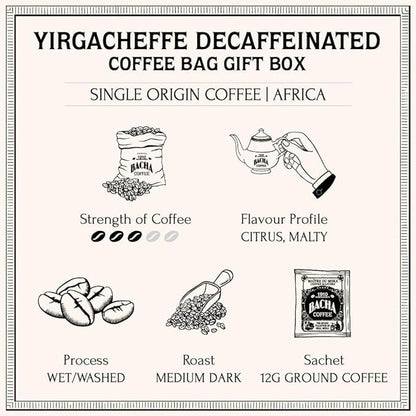 Bacha Coffee | Yirgacheffe Decaffeinated Ethiopia Single Origin, 100% Arabica Specialty Coffee Beans, Medium Dark Roast, x12 Individually Wrapped Single Serve Filter Bags