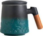 Load image into Gallery viewer, ZENS Tea Cup with Infuser and Lid for Loose Leaf Steeping, 16.9oz Embossed Ceramic Tea Infuser Mug, Wood Handle Tea Diffuser, Great Gift