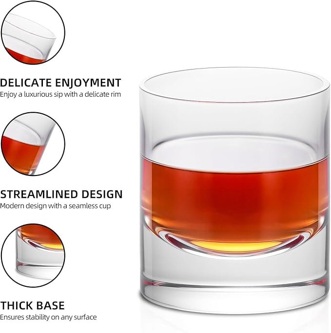 KAMMAK Whiskey Glasses Set of 2, 10.14 oz Old Fashioned Tumbler,Lead-Free Thick Base Crystal Glass with Delicate Rim & Seamless Design for Scotch, Bourbon, Cocktails