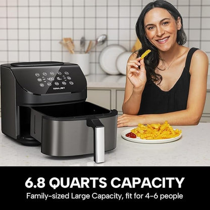Air Fryer 6.8 Quarts, 10-in-1 Functions, Air Fry, Roast, Bake, Broil, Dehydrate, Large & Compact Air Fryers, Nonstick & Dishwasher-Safe Airfryer Basket, Stainless Steel Air Fryer, Metal Grey