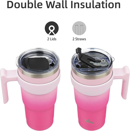 20 oz Tumbler with Handle and 2 Straw 2 Lid, Insulated Water Bottle Stainless Steel Vacuum Cup Reusable Travel Mug, Cherry