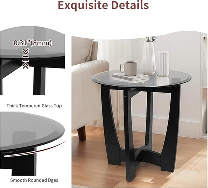 Glass End Table, 23.5" Round Side Tables with Black Tempered Glass Top Cross and Solid Wood Base Small Night Stand for Living Room Office Apartment Black
