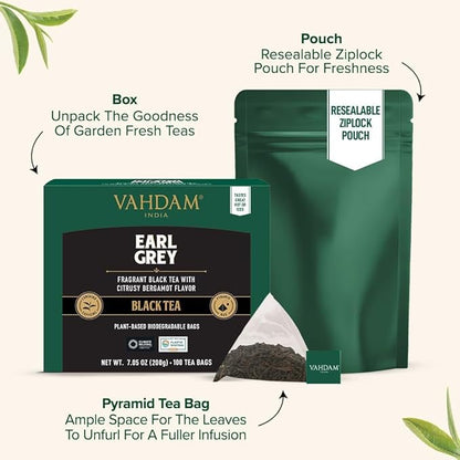 VAHDAM, Earl Grey Black Tea Bags (100 Count) Medium Caffeine, Non GMO, Gluten Free | Citrus Bergamot & Smooth | Resealable Ziplock Pouch | Plant Based Tea Bags
