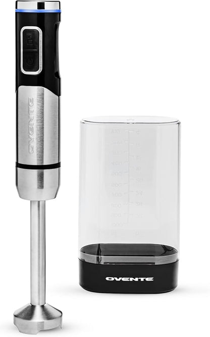 OVENTE Cordless Immersion Hand Blender, Rechargeable Handheld Portable Stick Mixer with 8 Mixing Speed Option, One-Touch Control and Stainless Steel Blades for Smoothies, Shakes or Soups, Black HR981B