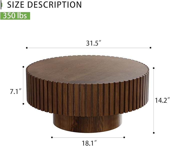 Artisan-Crafted Round Fluted Coffee Table - Solid Wood Drum Base with Detailing, Handmade Circular Centerpiece for Living Room, Rustic Modern Home Decor (D Walnut 31in)