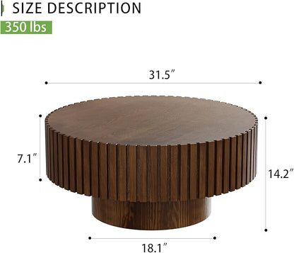 Artisan-Crafted Round Fluted Coffee Table - Solid Wood Drum Base with Detailing, Handmade Circular Centerpiece for Living Room, Rustic Modern Home Decor (D Walnut 31in)