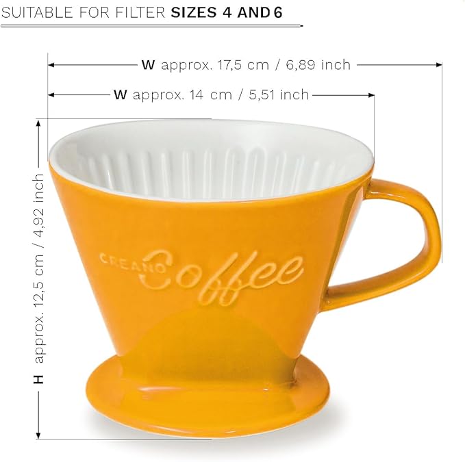 Creano XXL Porcelain Coffee Dripper Saffron - Ceramic Cone Brewer - Pour Over Coffee Maker - Filter Size 4 - huge and heavy quality 800gr/28oz - 6 Colours availeble