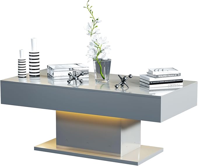 Led Coffee Table for Living Room, Living Room Table Rectangular Center Table, Modern High Glossy Wooden Coffee Tables with 16 Colors LED Lights for Dining Reception Room, Grey