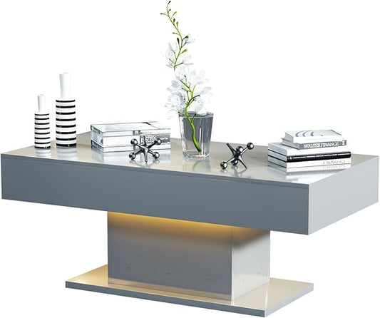 Led Coffee Table for Living Room, Living Room Table Rectangular Center Table, Modern High Glossy Wooden Coffee Tables with 16 Colors LED Lights for Dining Reception Room, Grey