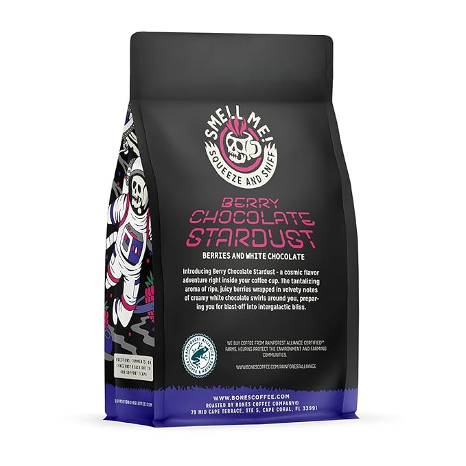 Bones Coffee Company Berry Chocolate Stardust, Berries and White Chocolate Flavored Coffee, Medium Roast Low Acid Arabica Beans For Auto drip and French Press Coffee Maker, 12 Oz Ground