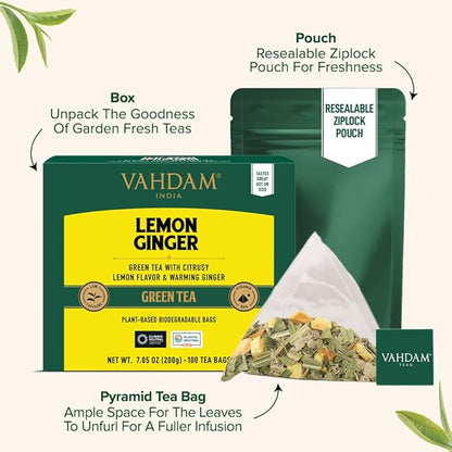 VAHDAM, Lemon Ginger Tea Bags (100 Green Tea Bags) Low Caffeine | Fruity Flavor - Zesty Lemon & Ginger, Orange Peel | Resealable Ziplock Pouch | Brew Hot or Iced Tea