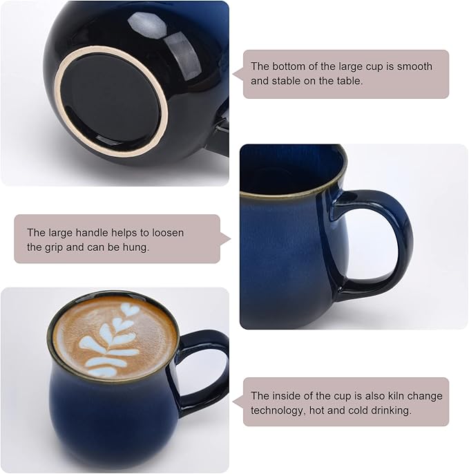 20 Oz Large Ceramic Coffee Mugs, 600ml Big Handle Handmade Pottery Tea Cup for Office and Home, Easy to Hold, Microwave and Dishwasher Safe, Hot Cold Drinking, Stylish Texture Glaze (Starry Blue)