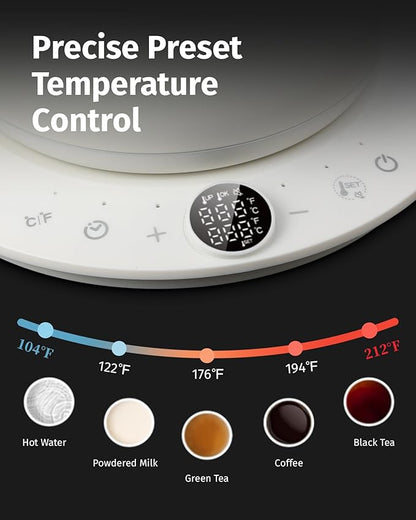 0.8L Gooseneck Electric Kettle, Precise Temperature Control for Pour Over Coffee & Tea, 1200W Fast Boiling Water, Auto Shut Off, Scheduling, Stainless Steel, White