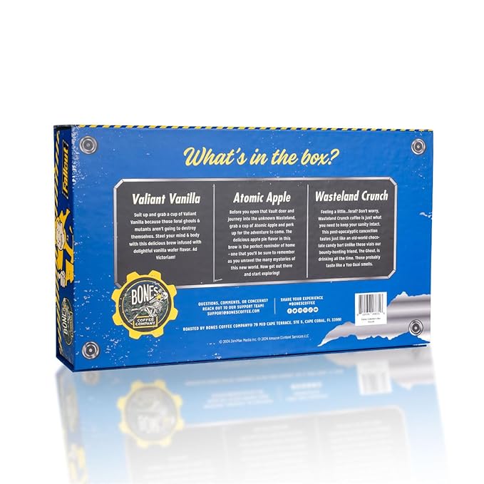 Bones Coffee Company Fallout Collector's Box Flavored Coffee, Low Acid Medium Roast Arabica Beans Coffee Gifts, Fallout Series Inspired, For Auto Drip and French Press,12 oz Pack of 3 Whole Bean