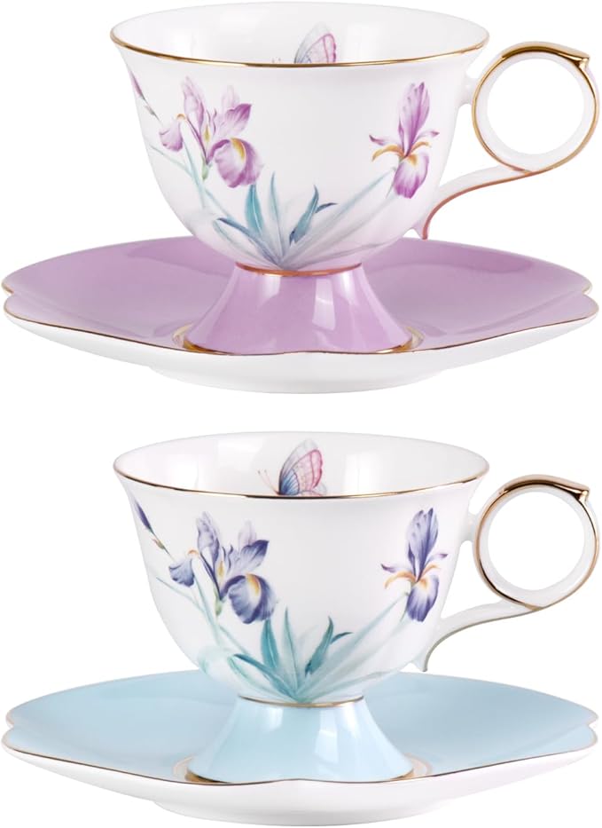 KAMMAK Ceramic Coffee Cups Saucers Set of 2, Porcelain Espresso Cups with Saucers, 8.45 oz Handcrafted Elegant Bone China Tea Cups, Iris Flower & Butterfly Pattern Teacup for Party, Office, Gift