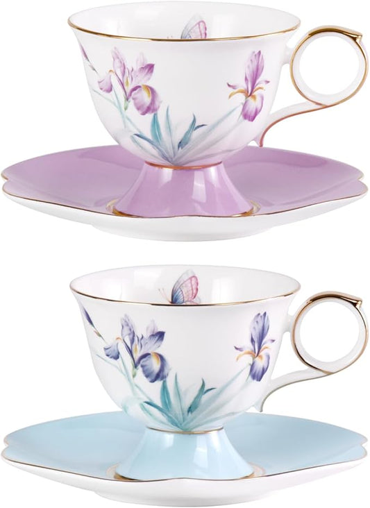 KAMMAK Ceramic Coffee Cups Saucers Set of 2, Porcelain Espresso Cups with Saucers, 8.45 oz Handcrafted Elegant Bone China Tea Cups, Iris Flower & Butterfly Pattern Teacup for Party, Office, Gift
