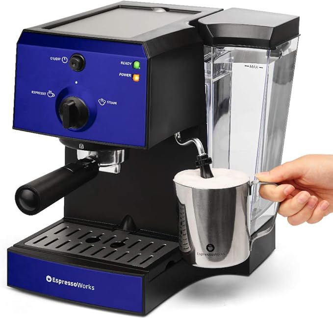 EspressoWorks All-In-One Espresso Machine 7-Piece Set - Latte Maker Includes Grinder, Frothing Pitcher, Cups, Spoon and Tamper - Coffee Gifts (Blue)