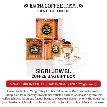 Bacha Coffee | Sigri Jewel Papua New Guinea Single Origin, 100% Arabica Specialty Coffee Beans, Medium Dark Roast, x12 Individually Wrapped Single Serve Filter Bags