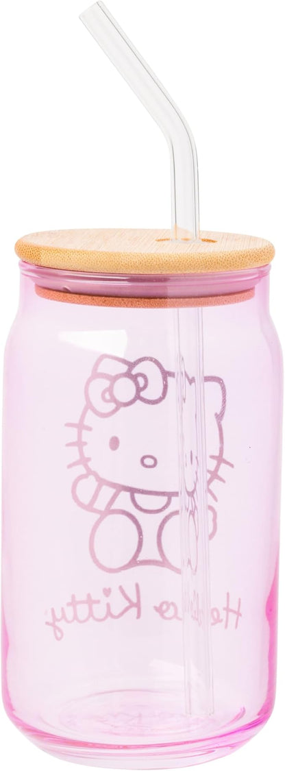Silver Buffalo Sanrio Hello Kitty Gold 2 Pack Pink Glass Jar Tumbler with Bamboo Lid and Glass Straw, 16 Ounces