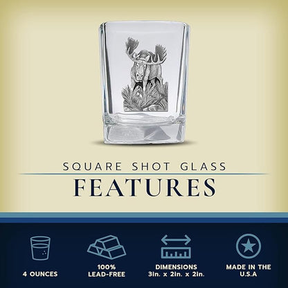 Heritage Pewter Moose Square Shot Glass | Hand-Sculpted 1.5 Ounce Shot Glass | Intricately Crafted Metal Pewter Inlay
