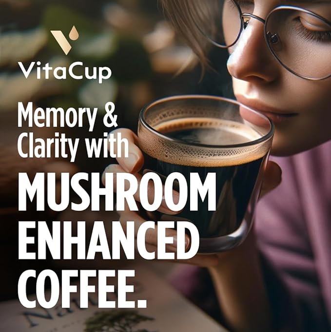 VitaCup Focus Mushroom Coffee Instant Packets, for Memory & Clarity Support, w/Fiber, Chaga, Lion’s Mane, D3, B Vitamins, Medium Roast, 100% Arabica & Robusta Coffee in Single Serve Sticks, 48 Ct