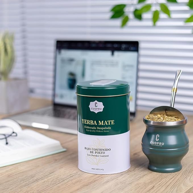 Yerba Mate, CUOPRU Traditional Argentinian Mate Tea, Low Tea Powder, Original Leaves without Stems, Included Portable Storage Container(Green Traditional)